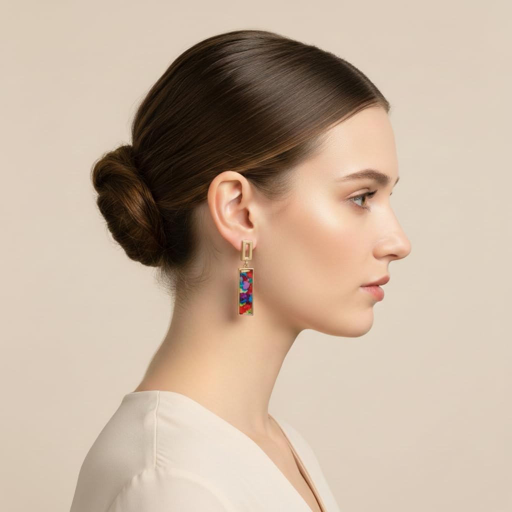 Rectangle Geometric Clip On Earrings for Women, Durable Alloy Resin Dangle Jewelry with Colorful Aesthetic, Large Drop Accessory Designed for Non-Pierced Ears