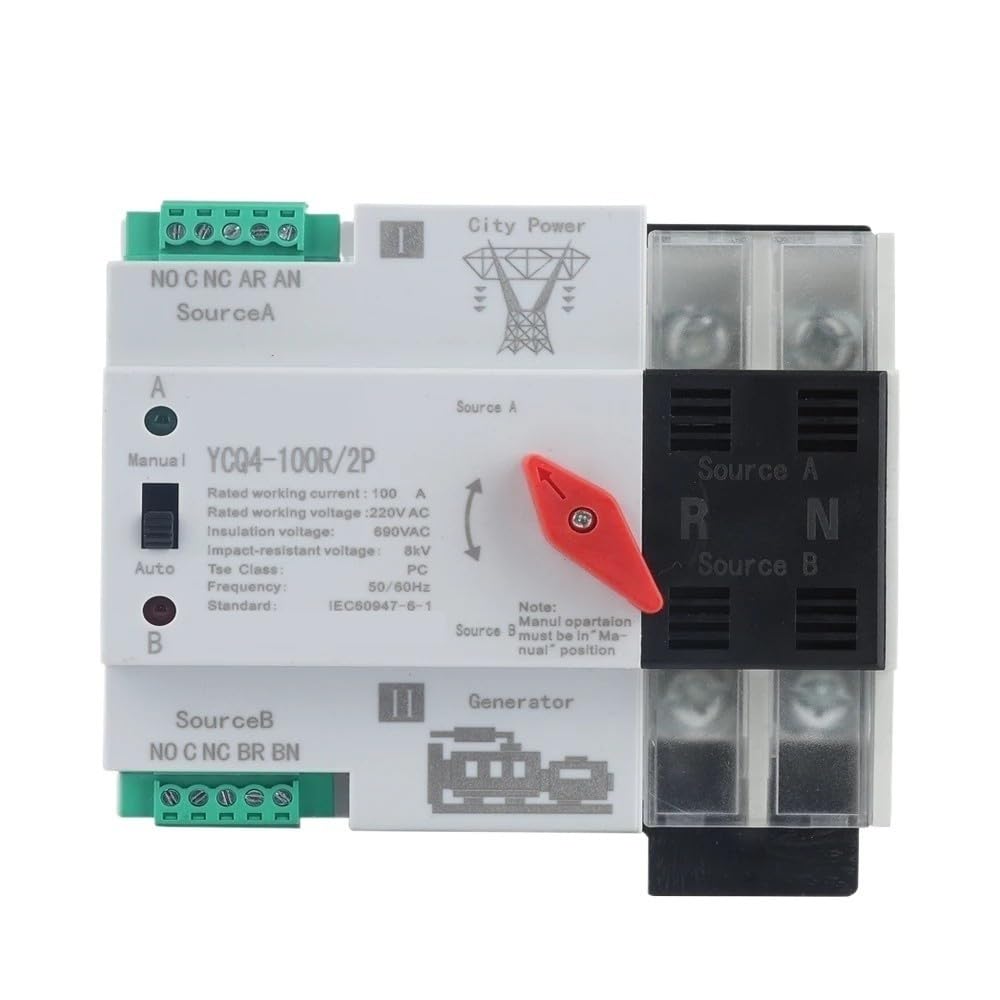 Interruptor de transferencia automática YCQ4-100R 2P monofásico Din Rail ATS 220V doble potencia interruptores selectores eléctricos de transferencia automática(100A)