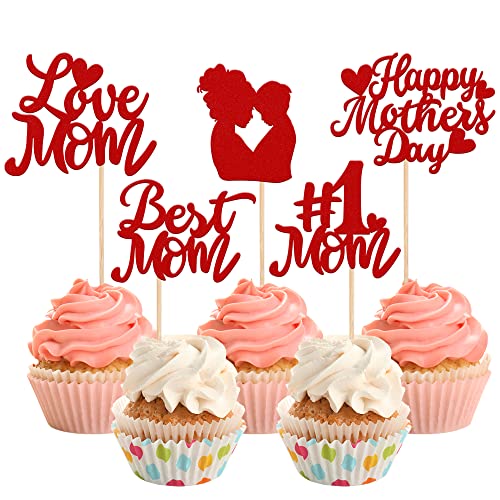 Rsstarxi 30 Pack Happy Mother's Day Cupcake Toppers Best Mom Love Mom Cupcake Picks Happy Mother's Day Cake Decortions for Happy Mother's Day Birthday Party Supplies Red