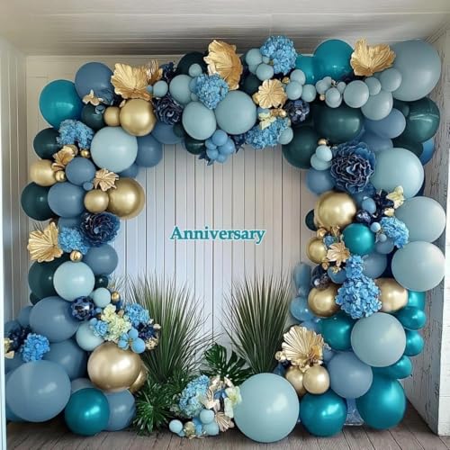 Image of Teal Blue Gold Balloons Double Stuffed Latex Dusty Blue Turquoise Balloon Different Sizes Teal Gold Balloon Garland for Birthday Wedding New Year Anniversary Baby Shower Ocean Party Decor