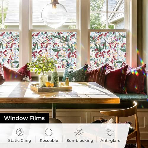 ADD.HERES Window Privacy Film, Stained Glass Decorative Static Cling, Removable Laser Sun Blocking Vinyl Covering,Window Film for Home Kitchen Living Room, Winter Berries, 17.3" x 78.7 "