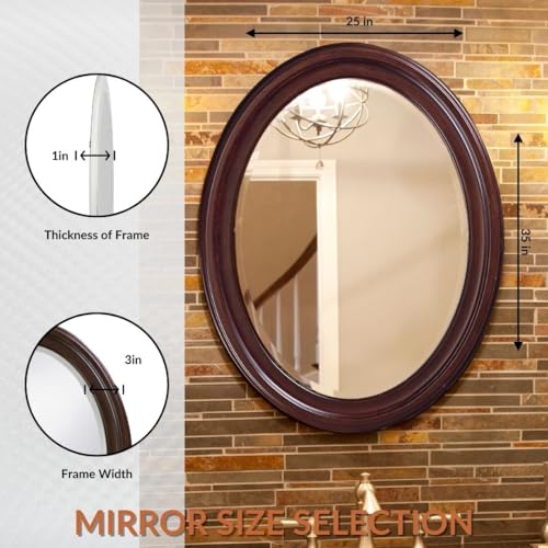 Image of Howard Elliott Collection George Oval Chocolate Brown Wall Mirror, Oval Bevelled Hanging Wood Framed Vanity Mirrors for Home Decor, Living Room, Bathroom, Bedroom, or Hallway, 25 x 33 Inch