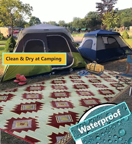 BalajeesUSA Recycled Outdoor Plastic Patio Rugs Clearance Waterproof RV Camper Rug Large Reversible mats 9'x12' Red, Black, Sky Blue and Yellow 20300