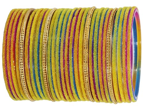 Image of NMII Glass Bangles For Women and Girls with Velvet and Golden Ballchain Linked | Plain Glass Bangles | Velvet Chudi Set | Bangles For Women | Stylish Glass Chudi Bangles- Set of 28