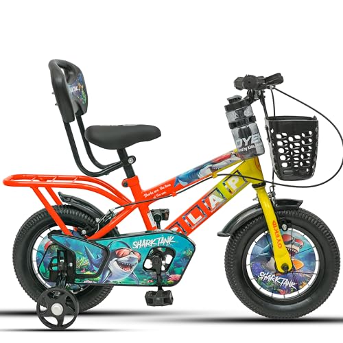 Image of Shark Tank 12T Kids Bicycle for Boys & Girls with Training Wheel, Front Basket, PU Soft Seat with Backrest, Full Chain Cover & Stylish Wheelcards (Yellow /Orange, 12T)