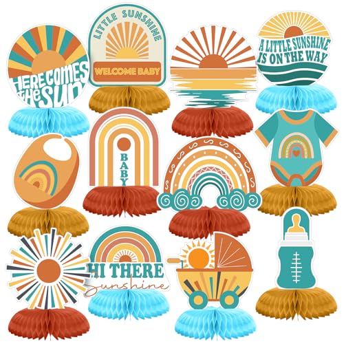 Gueevin 12 Pcs Here Comes the Son Honeycomb Centerpieces Set Here Comes the Son Baby Shower Decorations Boho Baby Shower Rainbow Sun Party Table Toppers Sunshine Table Decoration (Fresh Style)
