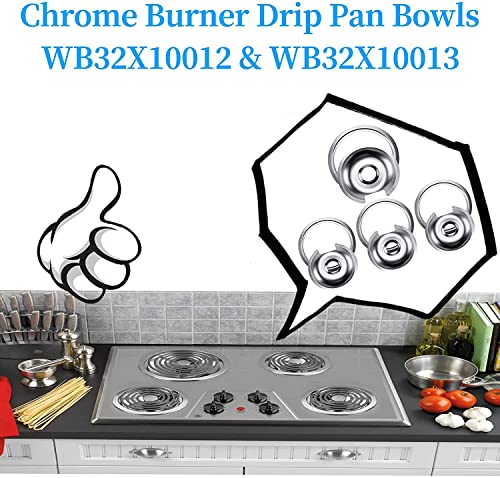 Burner Drip Bowl 2 Large 8'' Wb32X10013 & 2 Small 6'' Wb32X10012 Chrome Drip Pan Set 4-Pack Fits For Ge Electric Range By Appliancemates Replacement Parts (2) 6" Pan/Ring & (2) 8" Pan/Ring #TOP6
