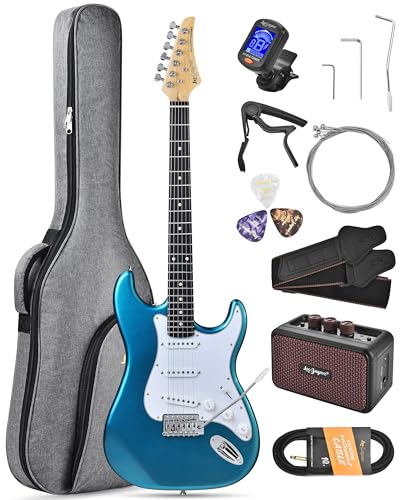 Image of Leo Jaymz Beginner Electric Guitar 39 inch Kit with Portable Amplifier, Padded Gig Bag, Digital Tuner，Capo，Strap，Picks，Classic SSS Pickups(Blue-SSS)