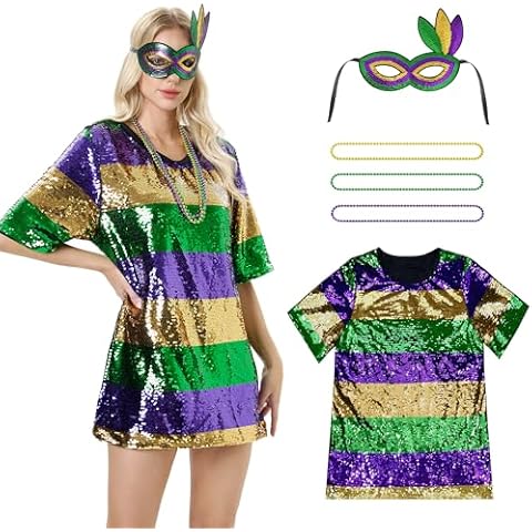 Funnlot Mardi Gras Outfit for Women - Crew Neck Mardi Gras Shirts Loose Mardi Gras Outfit for Women, Short Sleeve Shirts Mardi Gras Tops with 4pcs Mardi Gras Clothing Accessories Carnival Party L Cover