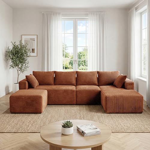 Image of 118 inch Modular Sectional Sofa with Chaise and Ottoman, Oversized U-Shaped Corduroy Cloud Couch, Deep Seat Boneless Couch for Living Room, No-Assembly - Brown (Right Facing Chaise)