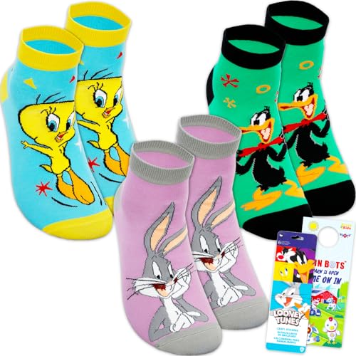 Looney Tunes Gripper Socks for Women - Bundle with 3 Pairs of Non-Slip Ankle Socks Featuring Tweety Bird, Bugs Bunny, More Plus Stickers | Looney Tunes Apparel Gift Set for Teens, Girls