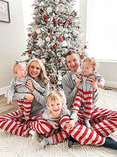 IFFEI Family Matching Pajamas Set Christmas PJ's Sleepwear Believe Printed Top and Striped Bottom with Pocket Men: L Grey-red2