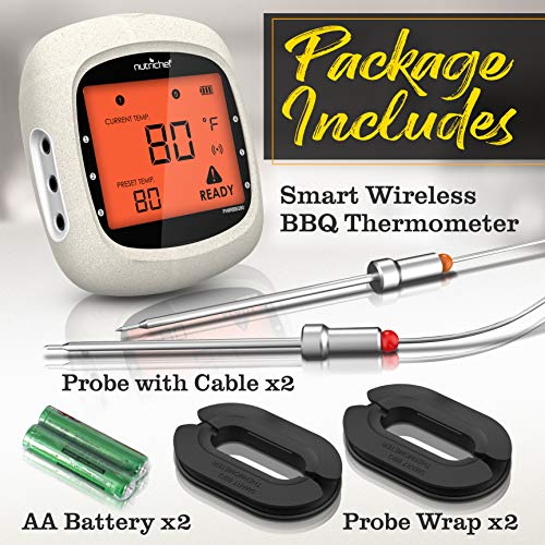 NutriChef Smart Bluetooth BBQ Grill Thermometer w/ Digital Display - Stainless Dual Probes Safe to Leave in Outdoor Barbecue Meat Smoker - Wireless Remote Alert iOS Android Phone WiFi App - PWIRBBQ80