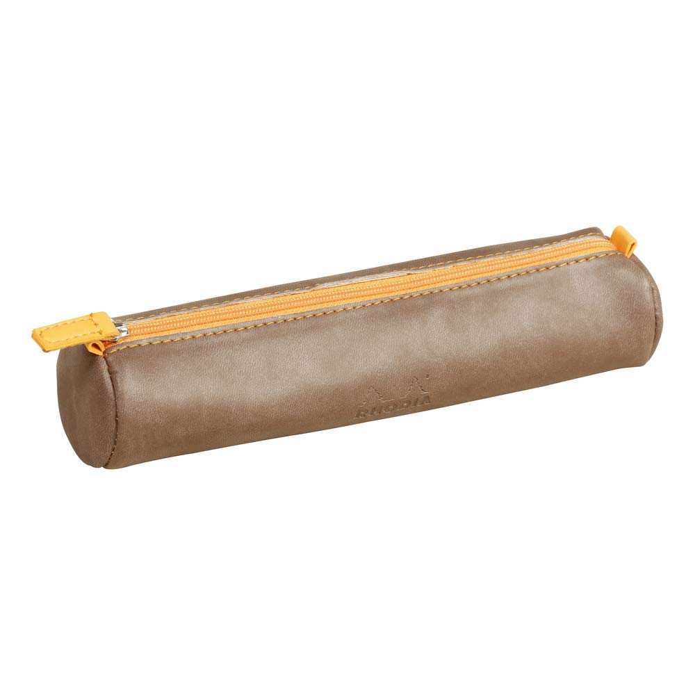 RHODIA 318893C - Chocolate Rhodiarama Round Pencil Case - 21.5 x 5.5 cm - Genuine Orange Stitching - Ivory Jersey Interior - Faux Leather - Storage for Pens, Pencils, Markers, Small Supplies