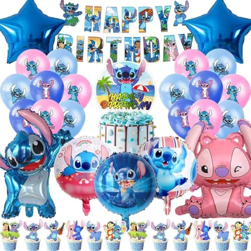 Stitch Party Supplies 39PCS Birthday Decorations Set Include Banner Balloons Cake Cupcake Toppers for Boys Girls Stitch