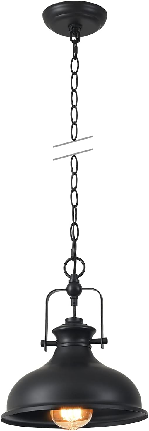GZBtech Industrial Dome Pendant Light, Metal Chain Adjustable Farmhouse Hanging Light, 50.5 Inches Vintage Rustic Lighting Fixture with Polished Black Finish for Kitchen Dinning Room Barn, UL Listed