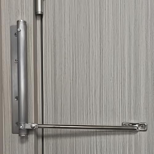 Automatic Door Closer for Lightweight Doors < 100 lbs | 150° Angle Spring Self Closing Hinges | Adjustable Catch Speed | Stainless Steel Soft Close Auto Top Latches | with Arm, Screw, Wrench | Silver