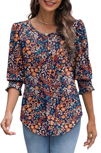 Image of XIEERDUO Blouses for Women Dressy Casual 3 /4 Length Sleeve Womens Tops with Smocked Cuffs