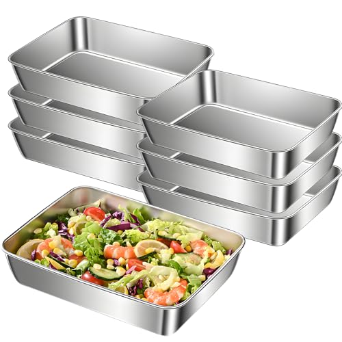 Juego de 6 cuencos para empanar de acero inoxidable, 25,5 x 20 x 5,5 cm, rectangular, bandeja de acero inoxidable, bandeja rectangular para chuletas, pescado, frutas, verduras