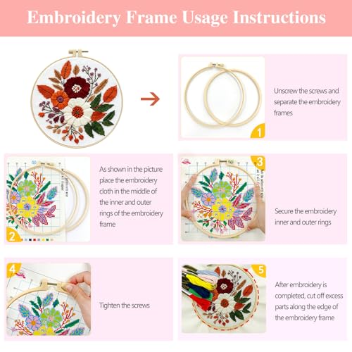 Image of Zhenqing Floral Bouquet Cross Stitch Kit for Beginners - Complete Set with Pre-Printed 11CT 24x24cm Fabric, Hoop & Threads (68993)