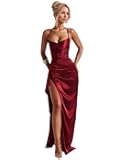 Liwecit Spaghetti Strap Satin Bridesmaid Dresses with Slit Long Mermaid Evening Gown for Women