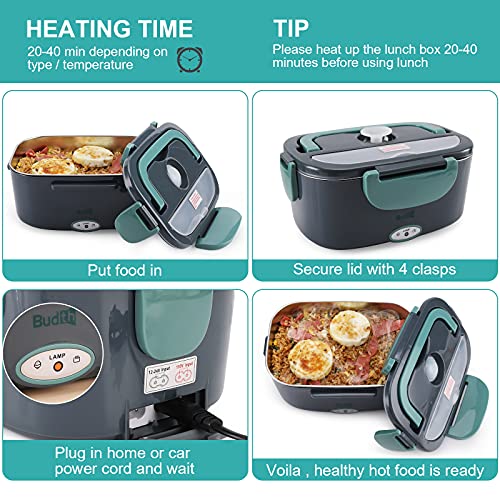 Budth 80W Electric Lunch Box, Portable Food Warmer For Car Truck Office Construction Site, 12V 24V 110-230V Adapter, Leak Proof, 304 Stainless Steel Container, Ss Fork & Spoon And Carry Bag (Green) #TOP3