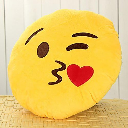 DHX Technology Emoji Smiley Emoticon Yellow Round Cushion Pillow Stuffed Plush Soft Toy (Throwing kiss)