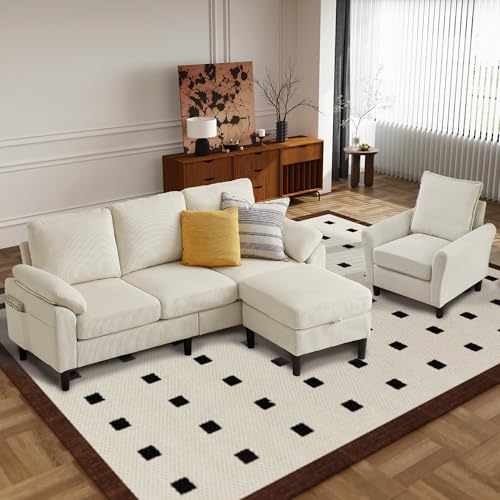 Image of 3 Pieces Corduroy Sofa Set for Living Room with Sofa, Storage Ottoman and Single Chair