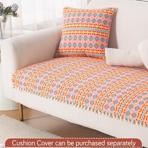 Image of HOKIPO L Shape (3+3 Seater) Sofa Cover Seat Mat | 300 GSM Cotton Acrylic Jacquard Fabric with Tassel, 'Trivana Series' Coral Orange (IN-936-J2*2)
