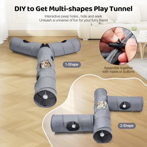 Image of Cat Tunnel, 3 Straight Shaped Tunnels 6 DIY Shapes with Wand Toys, No Noise Scratch Resistant Cool Linen Fabric, Interactive Pet Tunnel Tube for Indoor Cats, Puppy and Rabbits