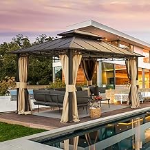 MELLCOM 10x12 Hardtop Gazebo, Metal Double Roof with Anti-Rust Coating Frame, Outdoor Waterproof Patio Gazebos with Shaded Curtains and Netting for Gardens, Lawns, Deck