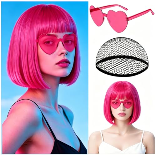 MEEZY Hot Pink Short Bob Wigs Straight Hair with Flat Bangs Heart Sunglasses for Women Colorful Funny Cosplay Daily Party Neon Wig Synthetic Natural As Real Hair Carnival Halloween Costume