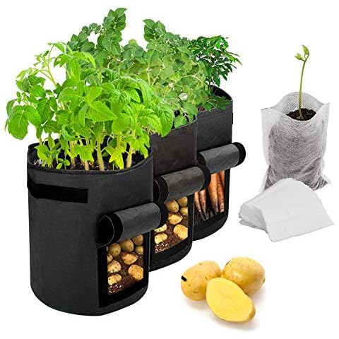 Maylove Potato Grow Bags,3 Pack 7 Gallon Plant Growing Bags/Aeration Non-woven Fabric Pots Plant Bags w/Handles Garden Vegetable Growing Bags with 50 Pcs Biodegradable Plant Seedling Bags Cover
