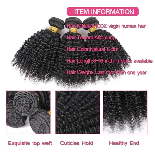 DaiMer Mongolian 4B 4C Afro Kinky Curly 100% Human Hair 3 Bundles Unprocessed Virgin Hair Weave Double Weft Big Hair for African Women Natural Color (14/14/14 Inch) - Image 2