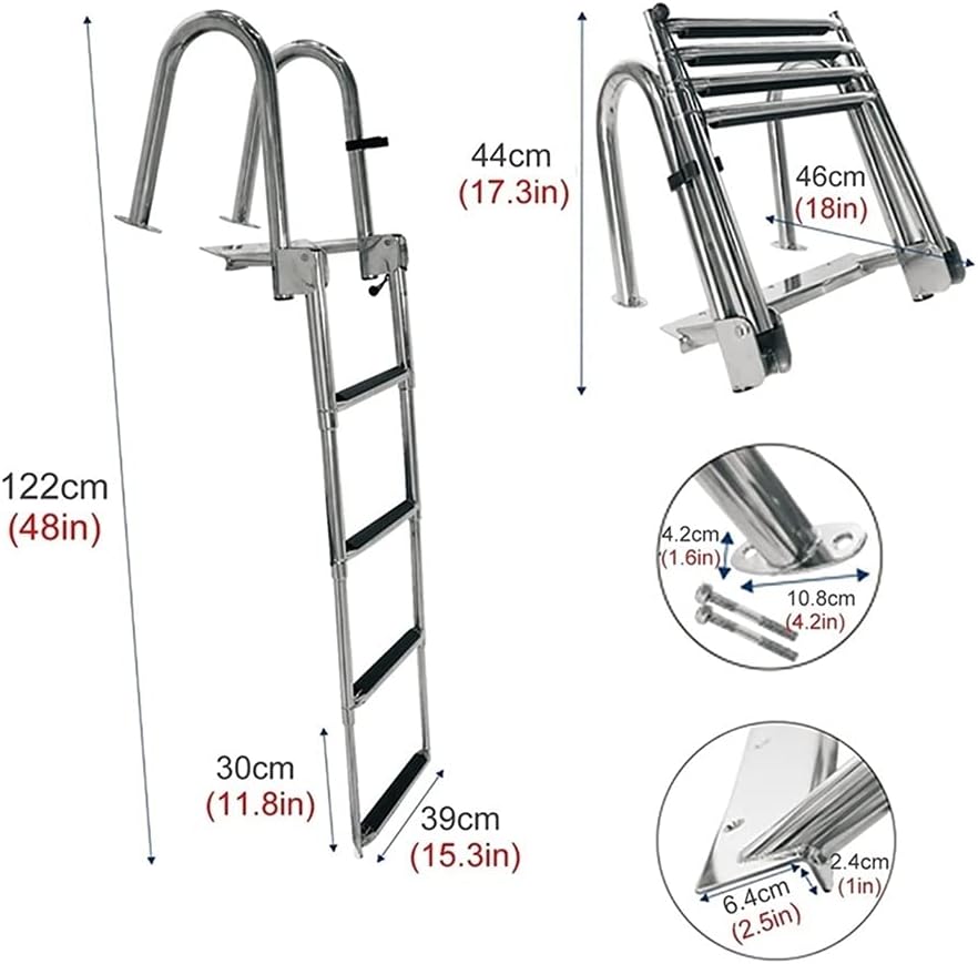 Swimming Pool Safety Handrail Kit Rear Entry Telescoping Boat Ladder with Inboard Handrail, 4 Step, Folding Upper Platform Pontoon Ladder for Swim Pool/Marine/Dock/, Stainless