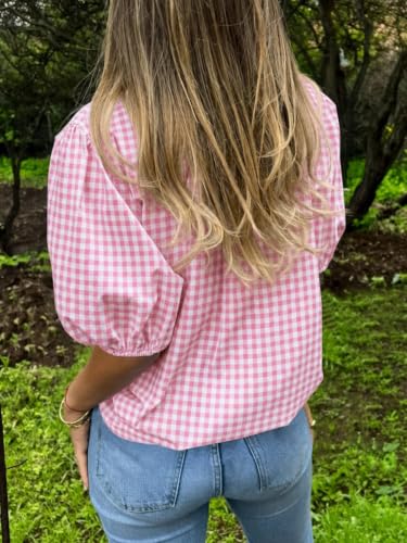 Image of Tankaneo Women's Button Down Shirts Short Puff Sleeve Collared Dressy Casual Blouse Tops