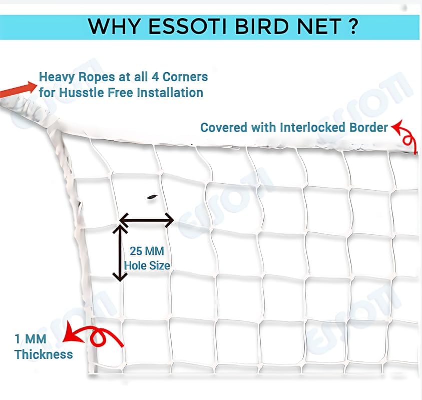 Essoti UV Stabilized Anti Bird Net- Pigeon Net (10 X 18 FT) with Attached Corner Ropes & Installation Kit/Size-
