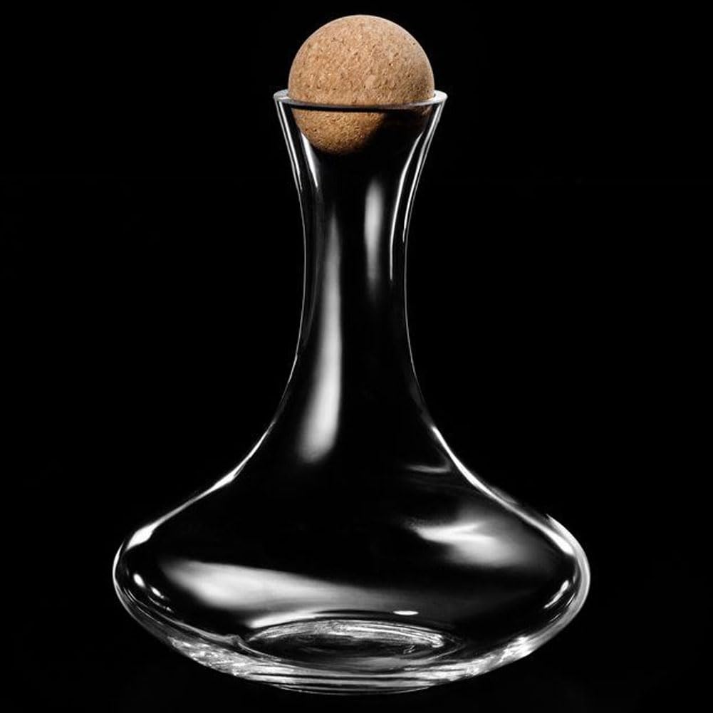 BAKAJI Decanter In Vetro Soffiato Per Vino Capacità 1,1 LT Protezione e Trattiene Sapore Con Tappo in Sughero Naturale Aeratore Decantatore per Rosso
