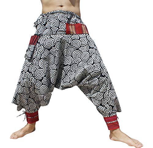 RaanPahMuang Japanese Formal Edo Courtesan Pants with Tied Cuffs and Woven Patches, Large-X-Large, Aum Cotton - Spiral - Black/White