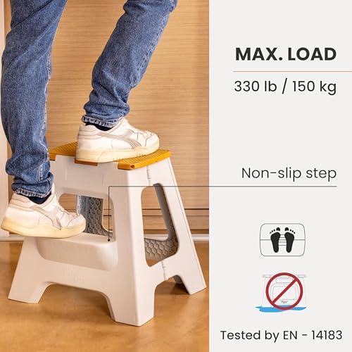 Image of Vigar Compact Folding Step Stool, 16 in 2 Step, Gray Bamboo Print | 16 in Foldable Stool, Lightweight Portable Design, Handle, Non Slip Surface, Space-Saving, Supports up to 330 lb