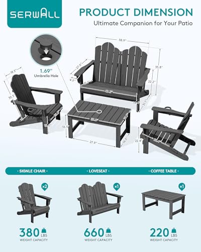 Image of SERWALL 4-Pc HDPE Adirondack Set, 2 Chairs, 1 Bench & 1 Coffee Table, Grey