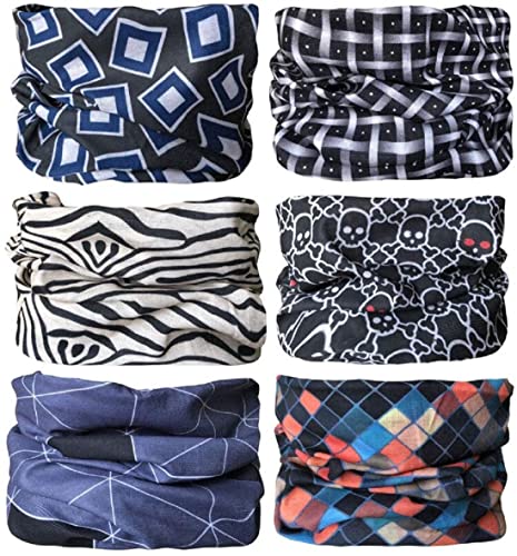 SmilerSmile 6pcs Assorted Seamless Outdoor Sport Bandanna Headwrap Scarf Wrap, 12 in 1 High Elastic Magic Headband & Collars Muffler Scarf Face Mask with UV Resistance, (Duke)