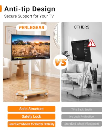 Image of Perlegear Rolling TV Stand with Wheels for 32-60 Inch TVs | Height Adjustable Mobile TV Cart , Tilt -10 to 5, 88lbs Capacity, VESA 100x100-400x400,Wood Base & Locking Wheels-White