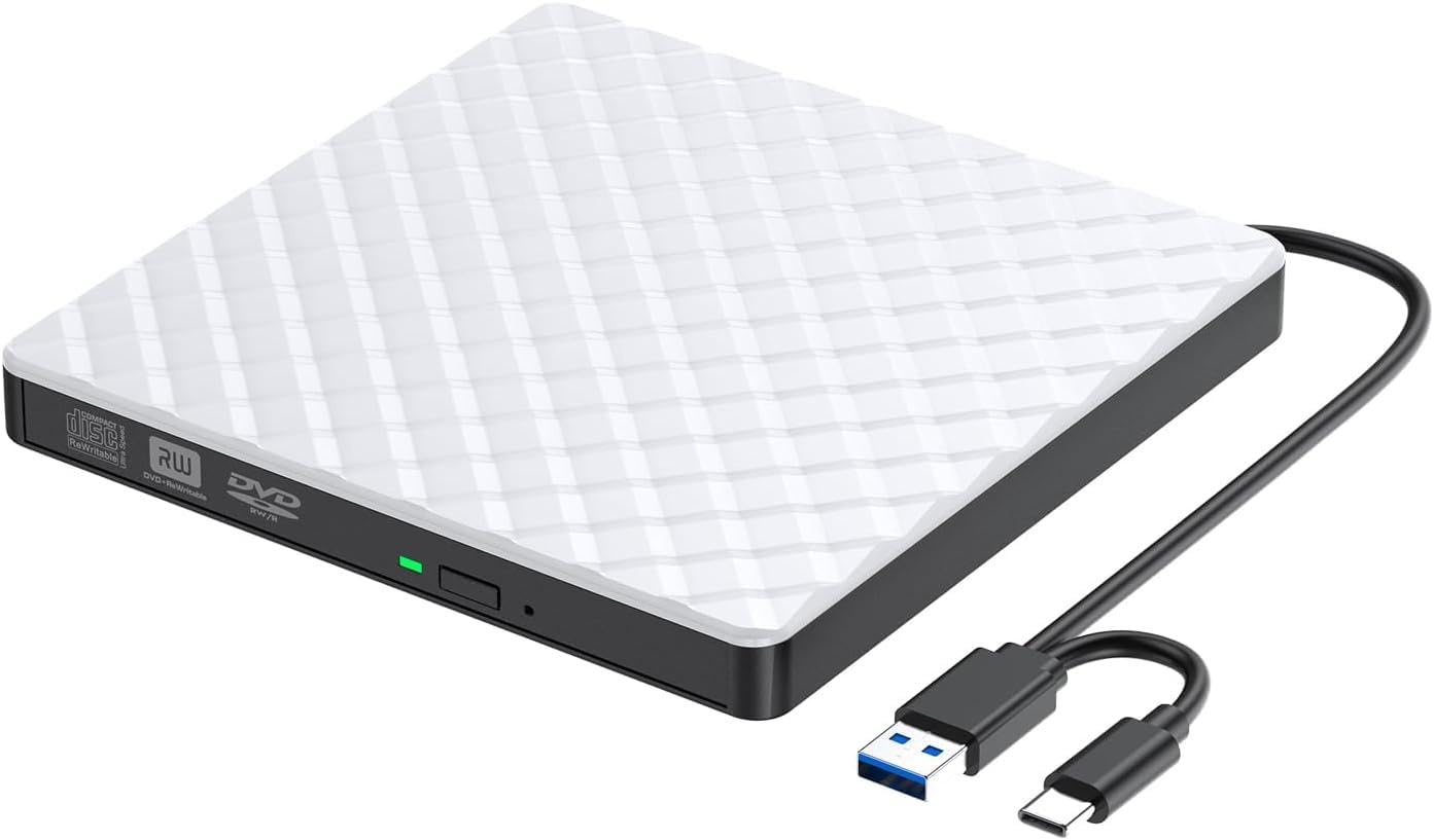 External DVD Drive, USB 3.0 Type C CD/DVD +/-RW Drive Portable CD DVD Player Burner Reader Writer, Slim Optical CD ROM Drive for Laptop Desktop PC Linux Windows 11/108/7/XP (White)