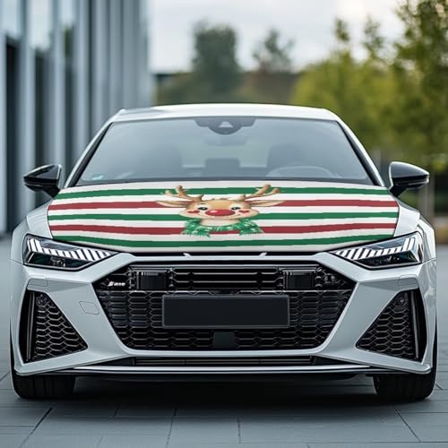 Image of Christmas Deer Car Hood Cover Polyester Elastic Fabric Protector for Car Hood Removable Automotive Accessories for Most Automotive Christmas Decoration and Gifts