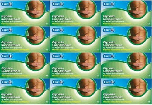 Care Glycerin Suppositories for Adults 144 Suppositories (12 x 12 Packs) for Relief of Occasional Constipation Helps Stimulate Bowel Movement Contains Glycerol