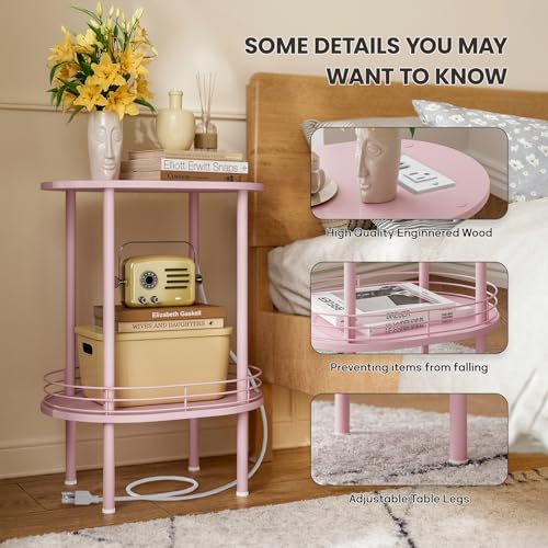Image of Small Oval Side Table with Charging Station, 2-Tier Pink Round End Table | Narrow Nightstand with USB Ports and Outlets, Bedside Table for Small Space - Living Room, Bedroom, Nursery,(1PC,Pink)