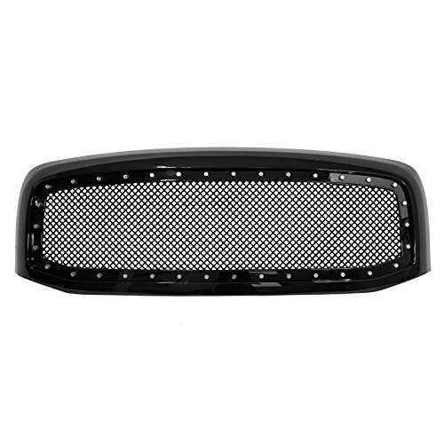 Paragon Front Grille for 2006-08 Dodge Ram 1500/2500/3500 - Gloss Black Grill Grilles with Mesh and Rivets