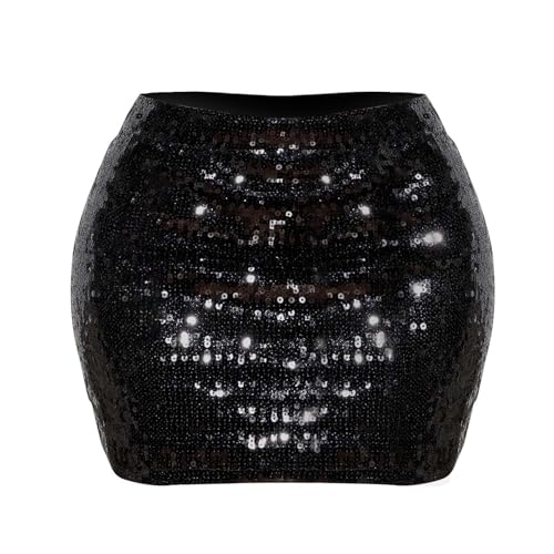 Glittrig paljettkjol, glitter kort snäv höftwrap kjol avslappnad elastiska minikjolar stretchig bodycon låg midja minikjolar glitter gnistrande shorts för klubbfest streetwear, Svart, S