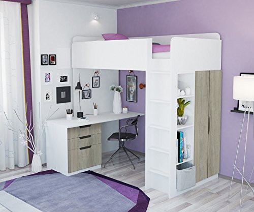 Litera, cama alta Polini para niños, combinación 5 en 1 en diferentes colores weiß ulme